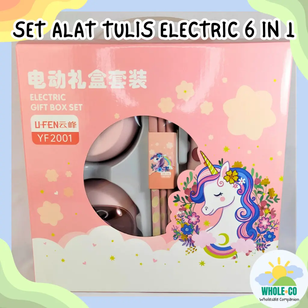 Set Alat Tulis Elektrik 6 Dalam 1 Boks Premium Unicorn  (  Penghapus Elektrik | Pembersih Debu | Refill Penghapus | Pensil | Refill Rautan | Rautan Elektrik) Lucu, Unik, Imut Termurah Grosir COD