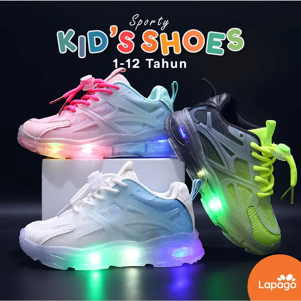 GGS - Sepatu Sneaker Anak Laki Laki Perempuan LED Sport Usia 1 - 12 Tahun Type MCS