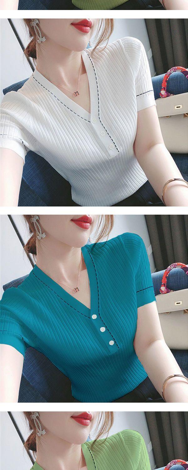 Product Introduction of Áo Thun ngắn Tay Cổ Chữ V Bằng Lụa Lạnh Dễ Phối Đồ Phong Cách Hàn Quốc Mới Mùa Hè, Dành Cho Nữ, Dáng Ôm, Bó Sát, Chắp Vá Nút, Áo Dệt Kim, Mỏng, Bó Sát 10