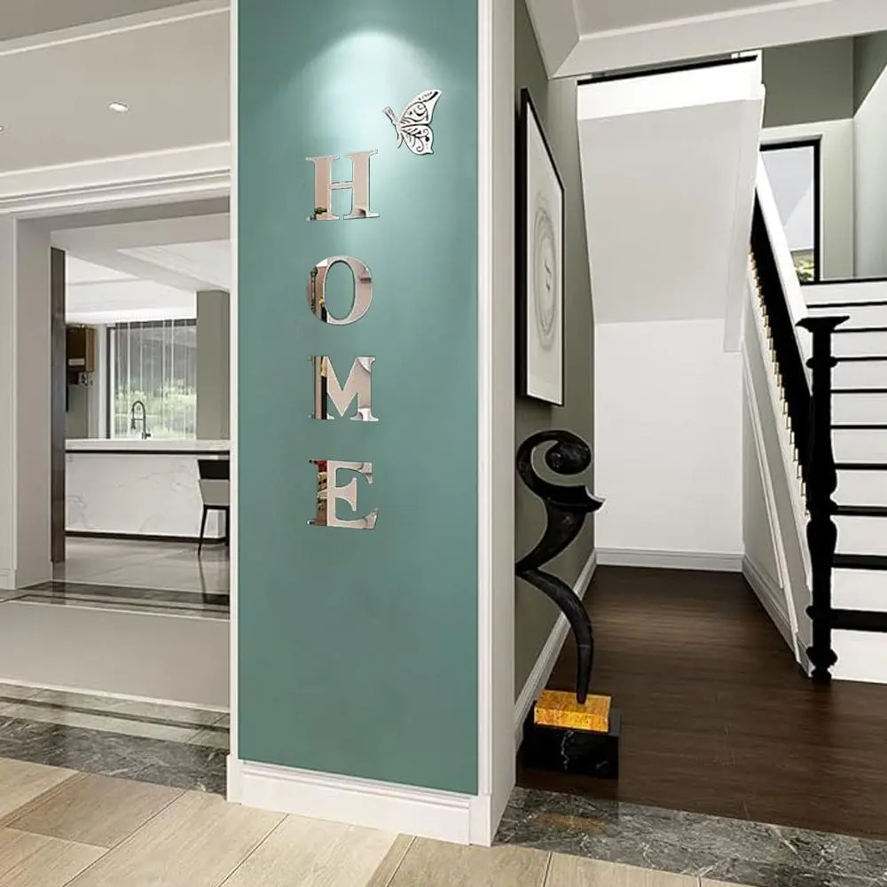 Home Letter Design Wall Decor, 5 Counts/set Mirror Wall Sticker, Wall Decor for Home Living Room Bedroom Dormitory