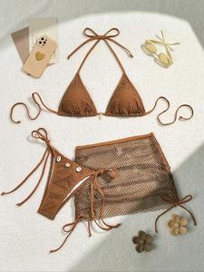 Conjunto de tres piezas para mujer con decoración de concha sólida, bikini con triángulo de baño con cuello halter y amarre en la espalda, calzoncillo con amarre lateral y falda cubrepolo con calado, moda de baño para vacaciones en la playa