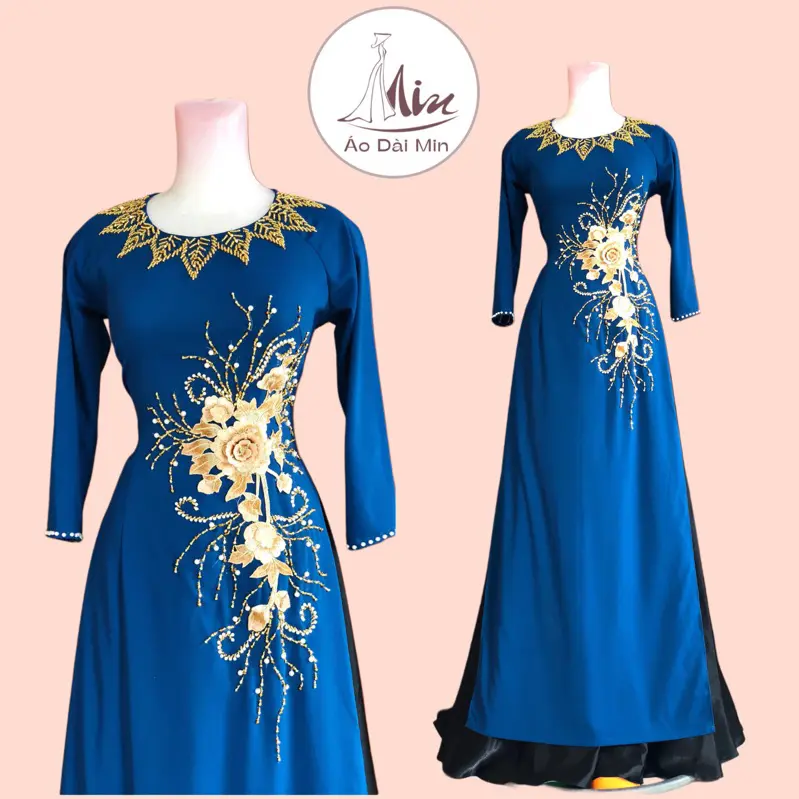 Áo Dài Mẹ Xanh Cổ Vịt Đính Hoa Ren Ở Triết Eo Và Đính Kết Cổ Sang Chất Lụa Thái Dài Dặn Mềm Mại M06