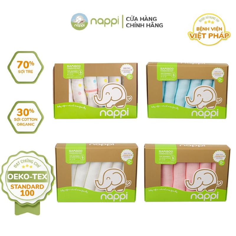 Nappi 1 Hộp Khăn Sữa Sợi Tre Cotton Organic Cao Cấp (30x30cm), Khăn Sữa Nappi Mềm Mịn Cho Bé Thân Thiện Với Làn Da Bé Chứng Chỉ OEKO-TEX, Khăn Lau Khăn Tắm (6 chiếc/hộp)