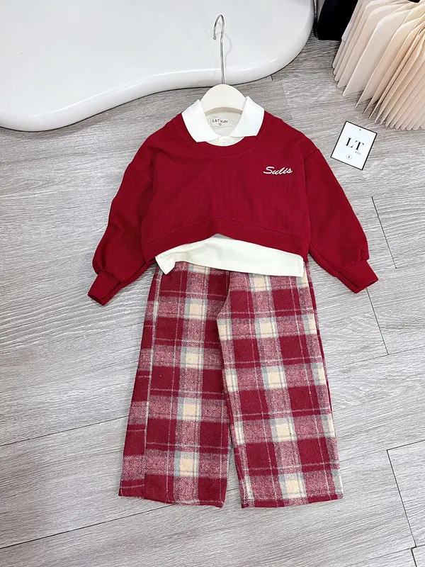 [PINI-S09] Set bộ 3 chi tiết: Aó croptop len tăm kèm áo ba lỗ cổ bẻ và quần dạ kẻ dáng xuông cho bé gái ( 9-31kg) 2