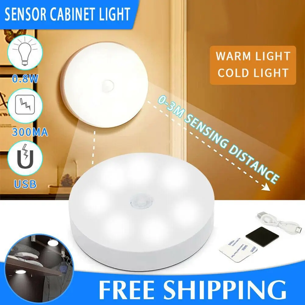 PIR Motion Sensor LED Night Light USB Rechargeable Night Lamp For Kitchen Cabinet Wardrobe Lamp Staircase Wireless Closet Light