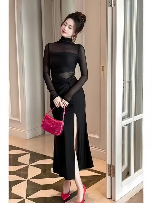  Đầm Ôm Body Dự Tiệc Dáng Dài Xẻ Tà Kèm Quần Chất Thun Gân Tăm Phối Lưới Tay Dài Cổ Tròn Cao Có Khóa Kéo Sang Chảnh Trang Nhã Thời Trang Nữ Mới Nhất Váy Đi Chơi_AH186X Women Nữ Dress 