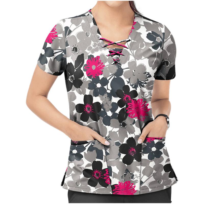 Product Introduction of Women Print Nurse Uniform Plus Size Summer Short Sleeve V-neck Tops Nursing Working Uniform T-shirts Clinic Protective Clothing 1