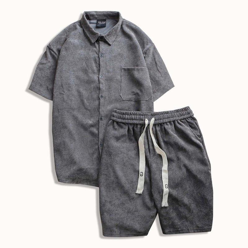 Áo + Quần (Bộ sơ mi) nhung tăm cộc tay Có thể giặt bằng máy Trơn  Nam Menswear