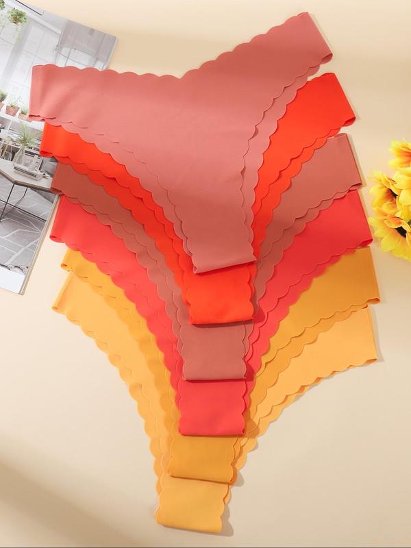 Women's Solid Color Wave Trim Seamless Panty, Breathable Comfortable Knicker for Daily Wear, Women's Underwear for All Seasons 0