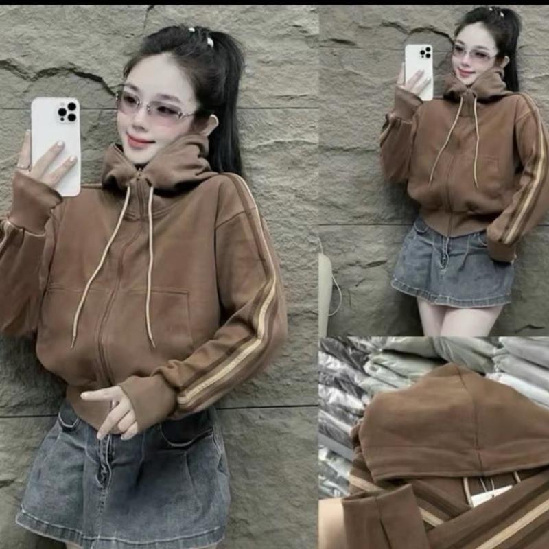 ÁO KHOÁC NỈ SỌC CỔ CAO CÓ NÓN,NỈ VỪA 3 TUI