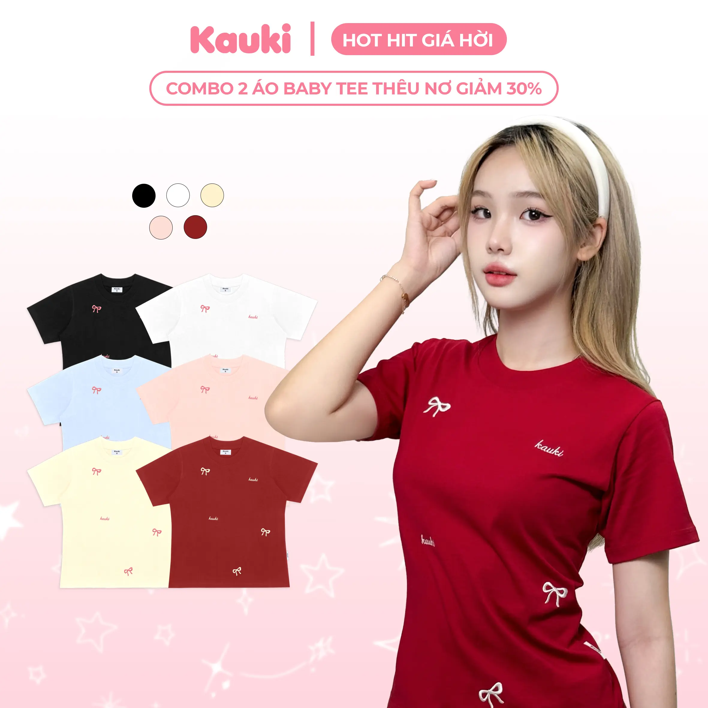 Combo 2 Áo Babytee thêu nơ cao cấp Kauki Cotton cổ tròn Dễ Thương CBBT26 - Cổ Tròn Thun Nữ Top Women