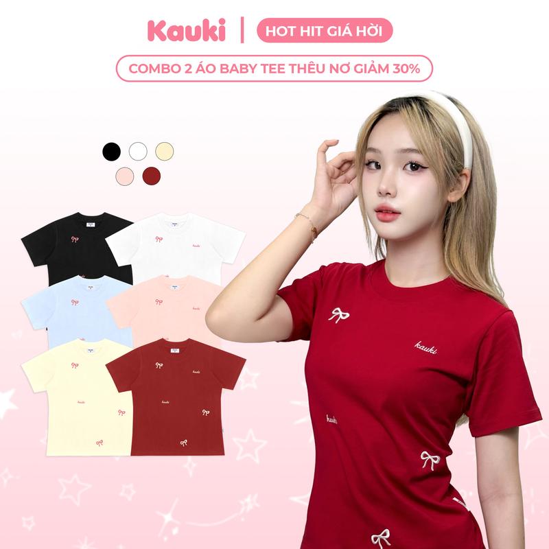 [MUA 2 GIẢM 30%] Combo 2 Áo Baby Tee Thêu Nơ Kauki Cotton Phong Cách Dễ Thương CBBT26 - Cổ Tròn Thun Nữ Top Women
