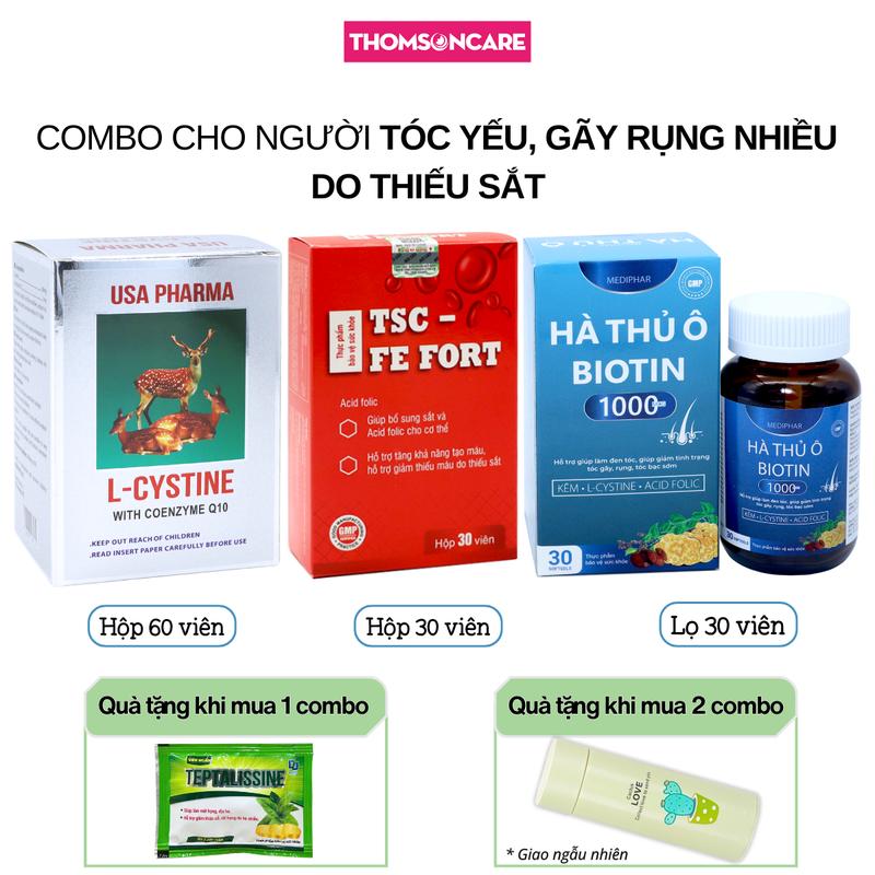  Viên uống L cystine 60 viên Sắt TSC Fe Fort 30 viên và Biotin Plus Hà thủ ô combo cho người tóc yếu tóc dễ gãy rụng móng tay hay gãy  Mua 1 combo tặng 1 gói kẹo ngậm ho mua từ 2 combo tặng 1 bình nước  
