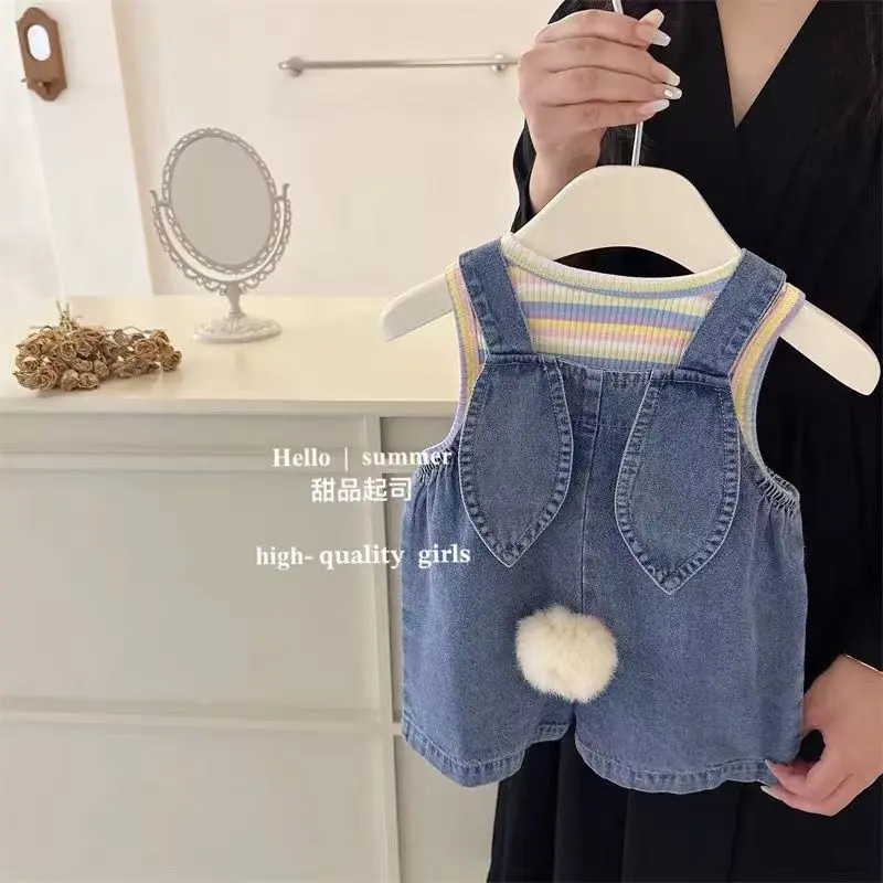 Bộ Hai Mảnh Áo Vest Dệt Kim Sọc Không Giới Hạn, Quần Đùi Yếm Denim Thỏ Dễ Thương, Áo Vest Dệt Kim Mùa Hè, Phong Cách Mỏng, Unisex, Thích Hợp Cho Trẻ Em, Năm 2025, 7348 Phản Hồi Tích Cực