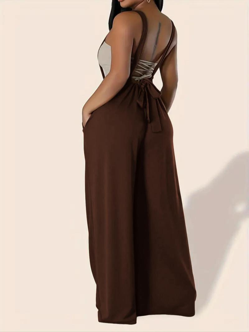 Product Introduction of Women's Solid Color Ruched Tie Back Overalls, Casual Pocket Overalls for Summer, Women's Clothing for Daily Wear 2