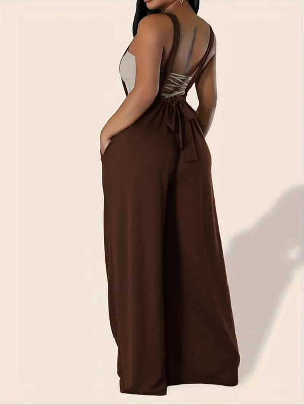 Women's Solid Color Ruched Tie Back Overalls, Casual Pocket Overalls for Summer, Women's Clothing for Daily Wear 1