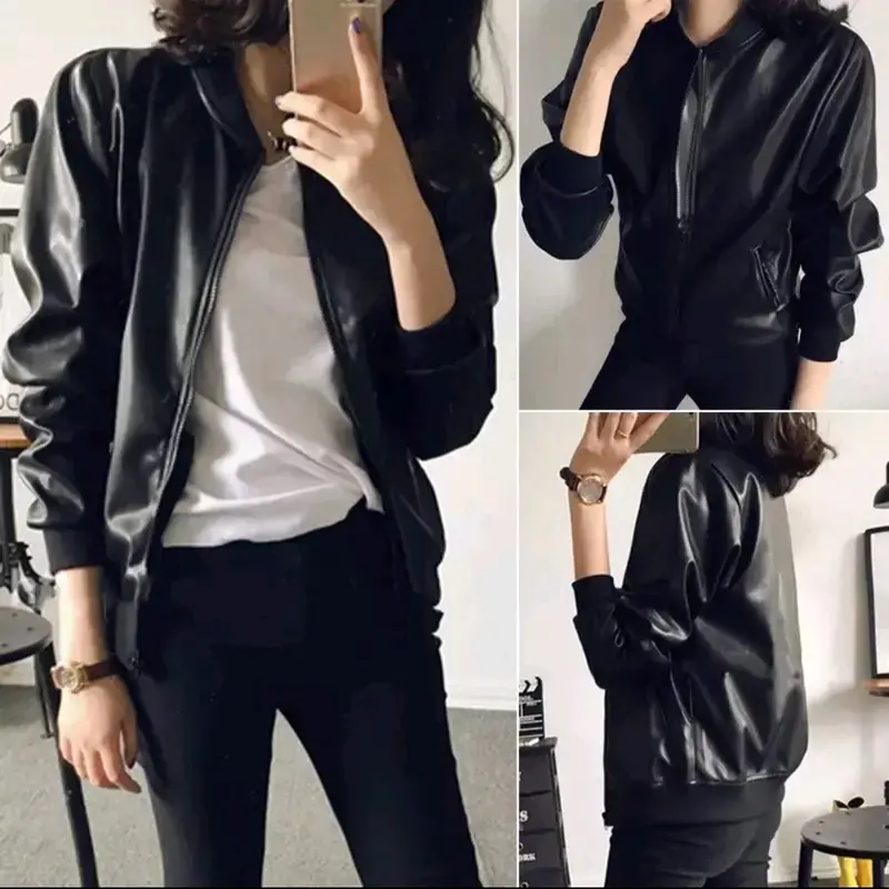 Jaket Kulit Wanita Bomber Motoran Anti Masuk Angin Hijab Outfit Mamba Mafia Musim dingin Santai 1