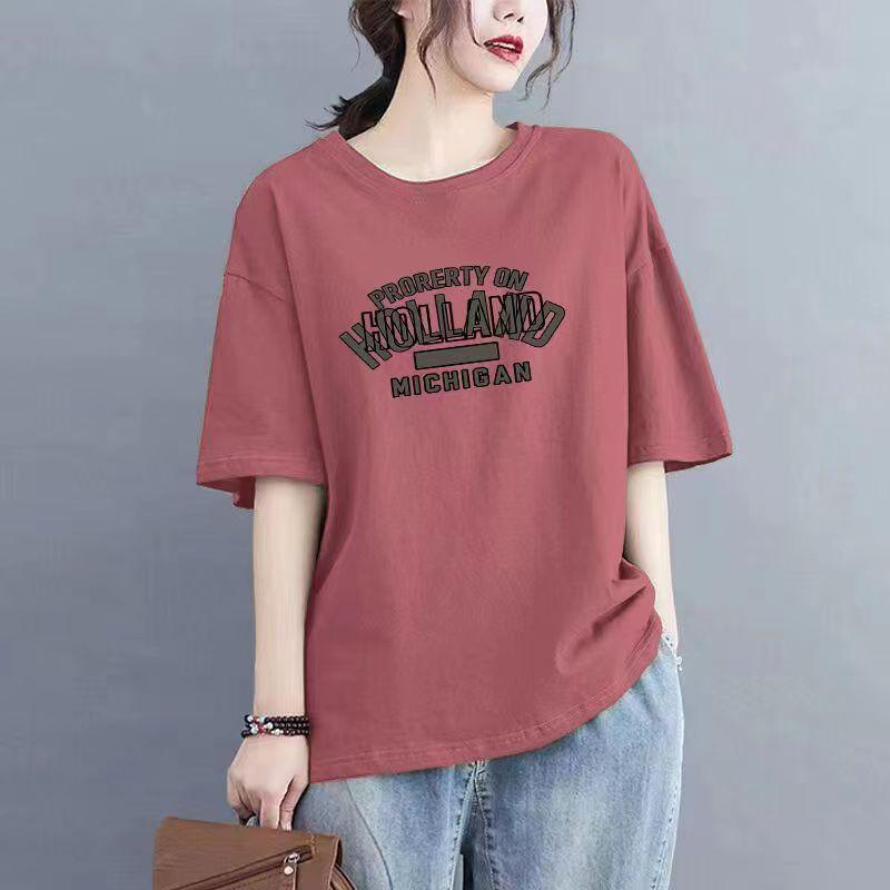 Áo Thun Cotton Ngắn Tay, Bộ Sưu Tập Mới Mùa Hè Năm 2025, Dành Cho Phụ Nữ, Phong Cách Hàn Quốc, Dáng Rộng Vừa Vặn, In Hình, Ngoại Cỡ, Dễ Phối Đồ, Hình Dạng Lắc Lư, Áo Cánh Cổ Tròn, Áo Lớp Nền 8