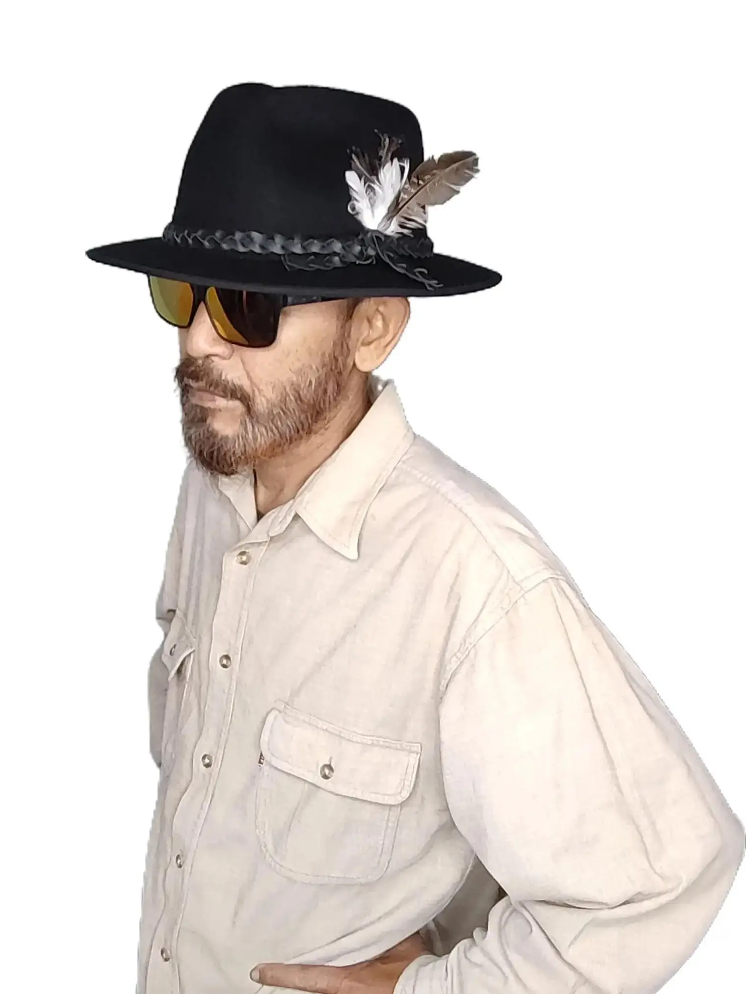 SLMNHAT Topi Fedora Rockstar Cowboy Hitam Pita Kulit Dengan Bulu Pheasant Elegan