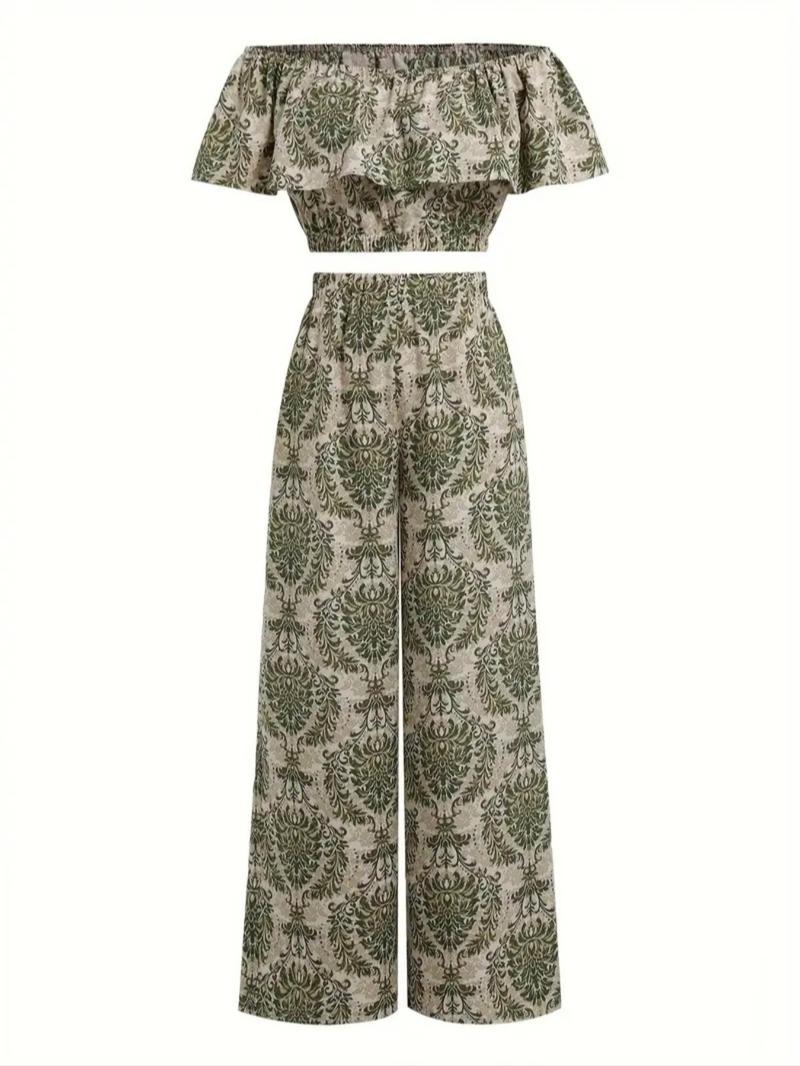 Product Introduction of Women's All Over Print Off Shoulder Top & Wide Leg Pants Set, Casual Fashion Two-piece Set for Summer, Women's Clothing for Daily Wear 3
