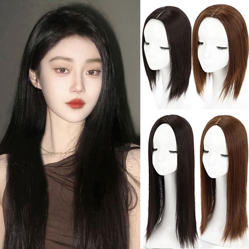 Product Introduction of Cover White Hair Synthetic Topper Hairpiece Middle Part Natural Toupee Invisible Clourse Hairpieces Hair Extension Natural Long Straight Hair Women 8
