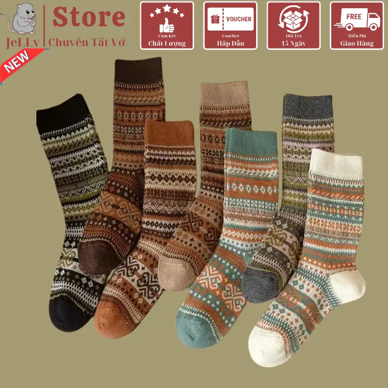 Set 7 Đôi Tất Vớ Nam Nữ Chất Liệu Thổ Cẩm Lạ Mắt 0