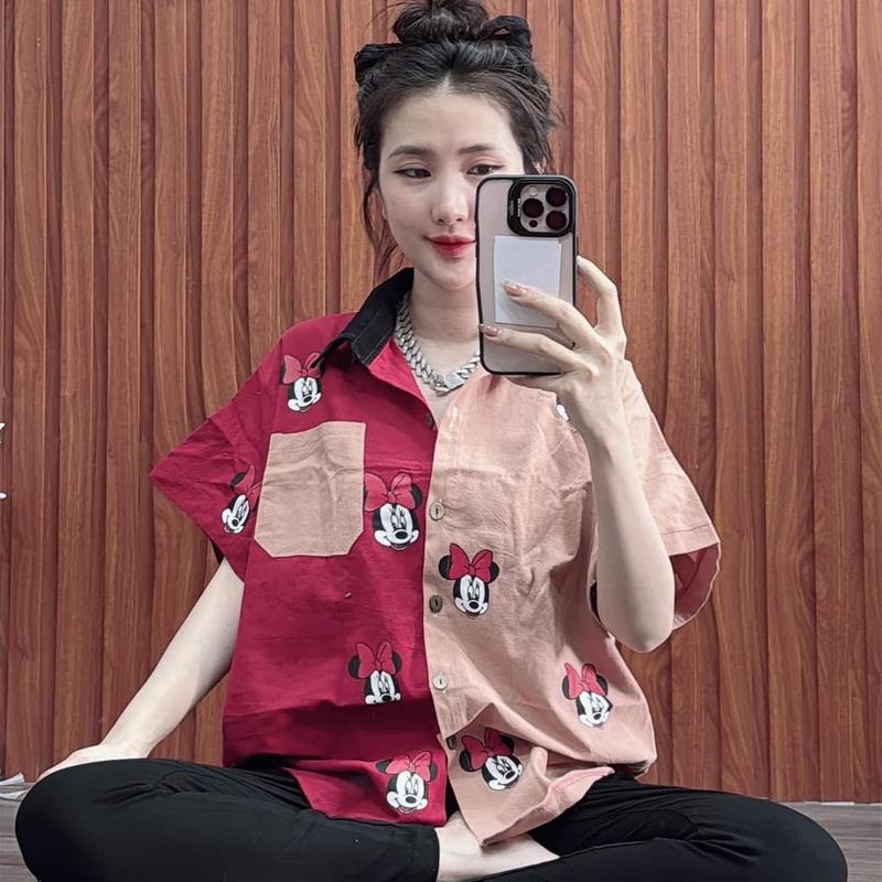 Đồ Bộ Áo Đũi Cotton Bột tay ngắn Micky quần borip đen dài ôm giản