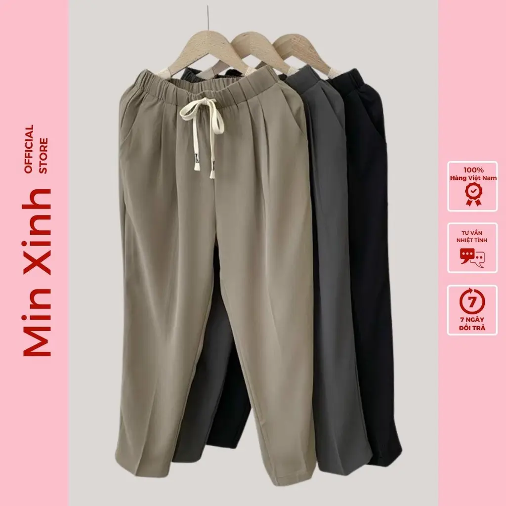 Quần baggy nữ cạp chun lung cao có dây rút, quần tây nữ Minxinh dây rút vải Ru.by hàn cao cấp dày dặn mềm mại dễ mặc
