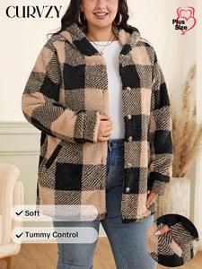 CURVZY Plus Size Plaid Print Button Front Fuzzy Hooded Jacket, Casual Long Sleeve Pocket Outerwear for Spring & Fall, Women's Clothes for Daily Wear