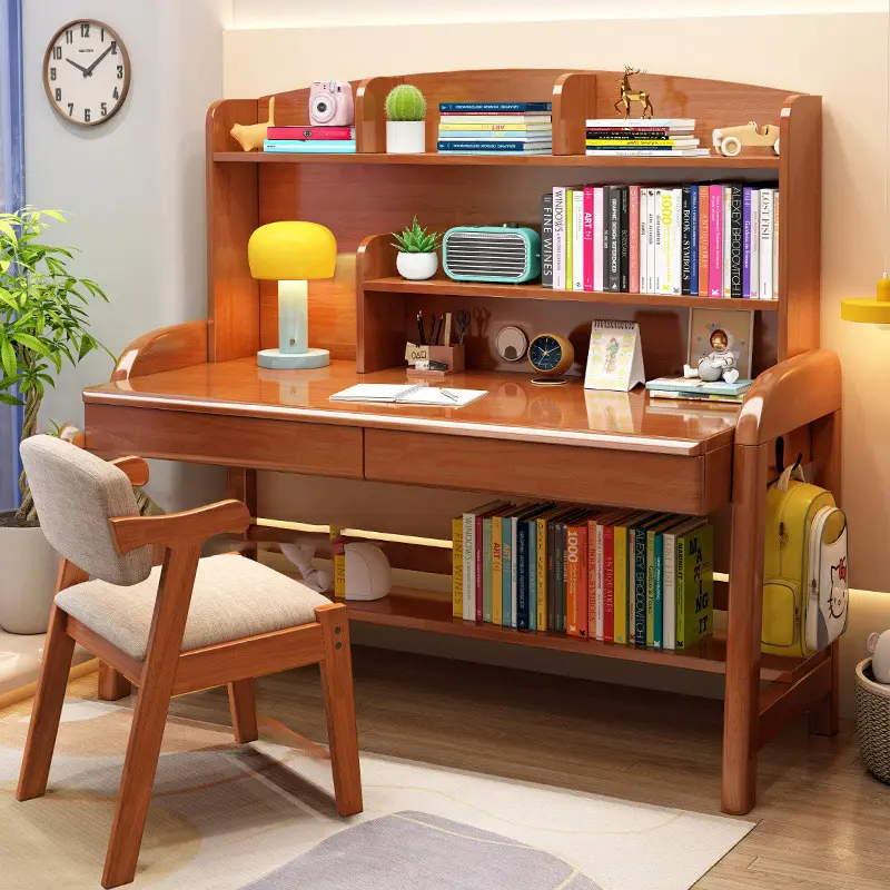 {Sg Sales} Study Table with Bookshelf Desk Bookshelf Integrated Table Solid Wood Simplicity Students Bedroom and Household Computer Table and Chair Children's Study Desk