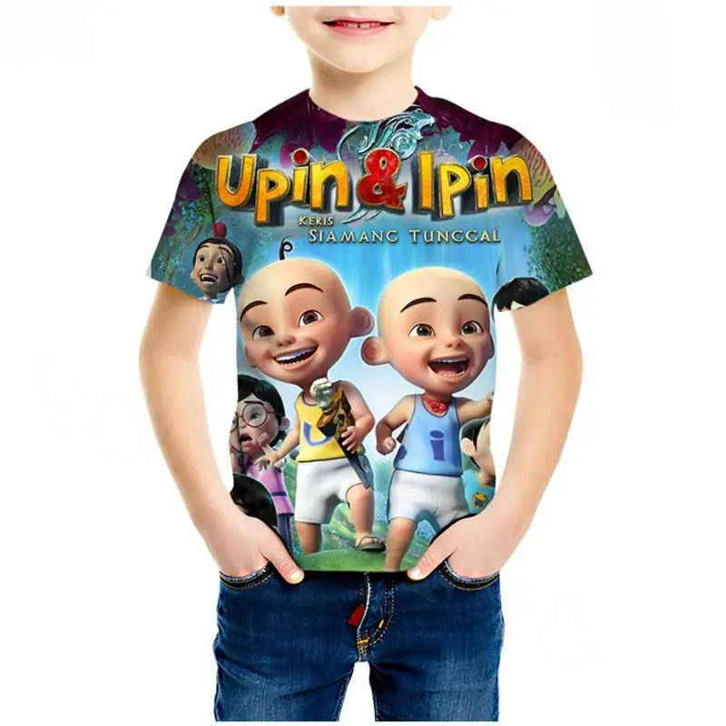 Kemeja-T Kartun, Watak Animasi Upin dan Ipin, Lengan Pendek, Rekaan Comel dan Kasual, Sesuai untuk Kanak-kanak, Kartun Comel