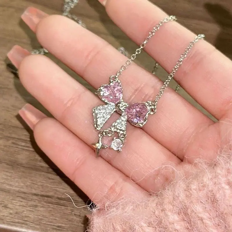 Explosive Network Red Pink Bright Bow Necklace Ins Students Sweet Cool Girl Clavicle Chain with Light Luxury Senior Sense of Summer