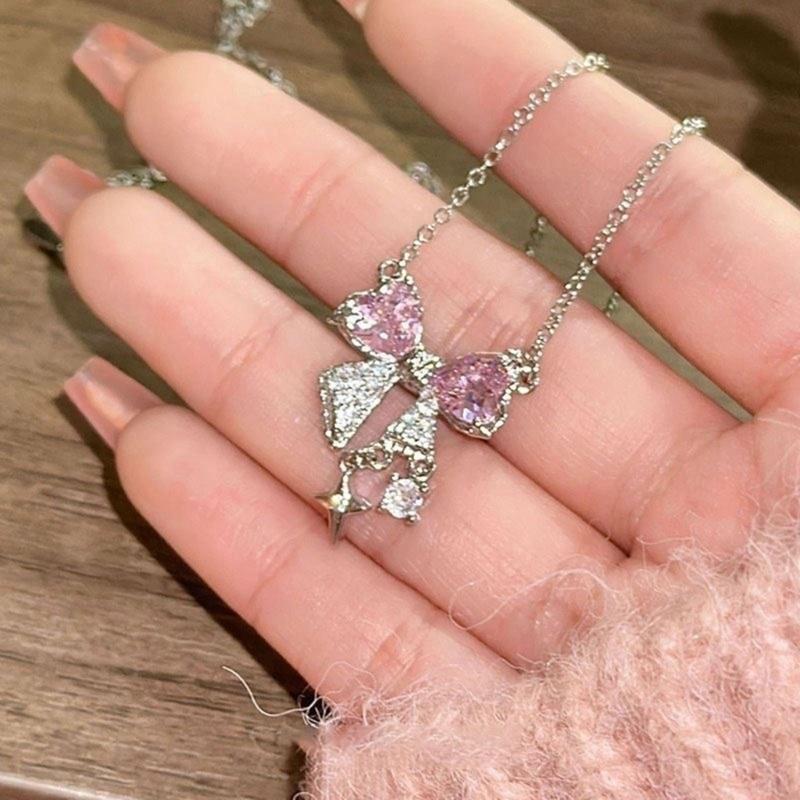Explosive Network Red Pink Bright Bow Necklace Ins Students Sweet Cool Girl Clavicle Chain with Light Luxury Senior Sense of Summer 0