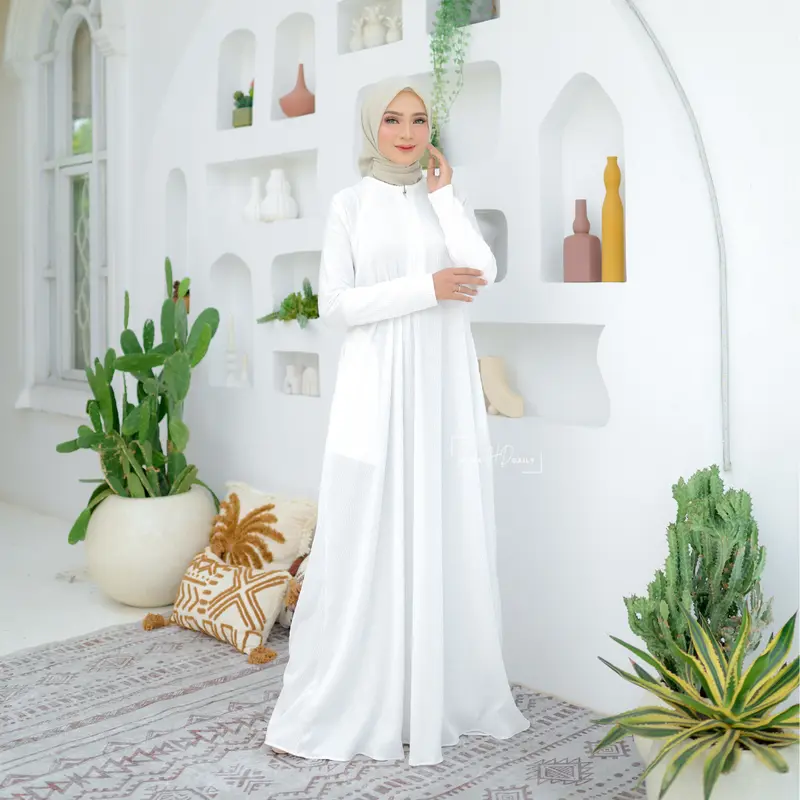 HAMEEDA DRESS PLEATS PREMIUM Cantik Mewah Muslim Panjang Wudhu Linen Pink Mocca Gamis Basic Simple Wanita 4