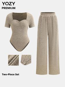 YOZY Women's Solid Ribbed Ruched Bodysuit & Wide Leg Pants Two-piece Set, Casual Sweetheart Neck Short Sleeve Bodysuit & Elastic Waist Trousers for Daily Wear, Ladies Two-piece Outfits for All Seasons