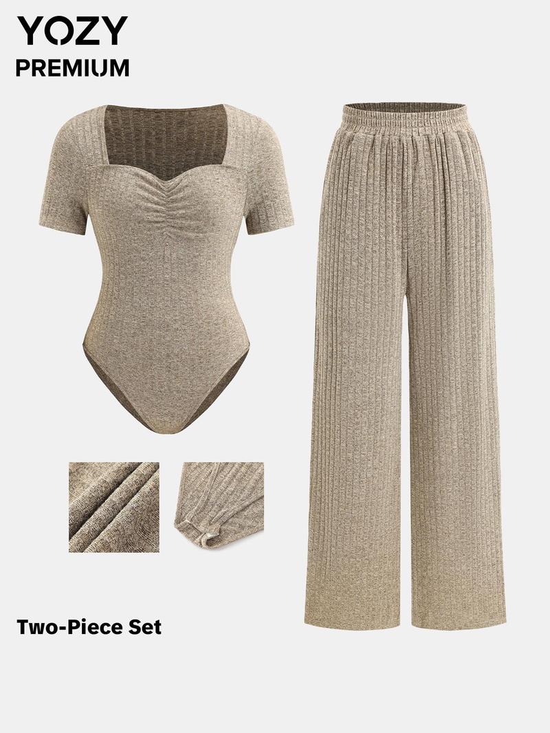 Product Introduction of YOZY Women's Solid Ribbed Ruched Bodysuit & Wide Leg Pants Two-piece Set, Casual Sweetheart Neck Short Sleeve Bodysuit & Elastic Waist Trousers for Daily Wear, Ladies Two-piece Outfits for All Seasons 1