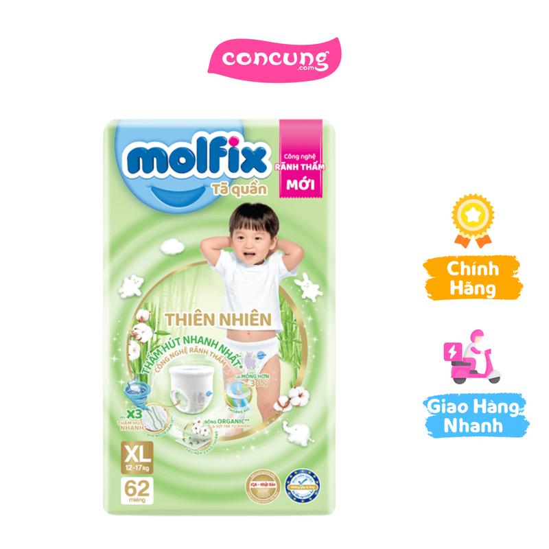 Bỉm tã quần Molfix thiên nhiên size XL 12-17kg 62 miếng  giao bao bì ngẫu nhiên  