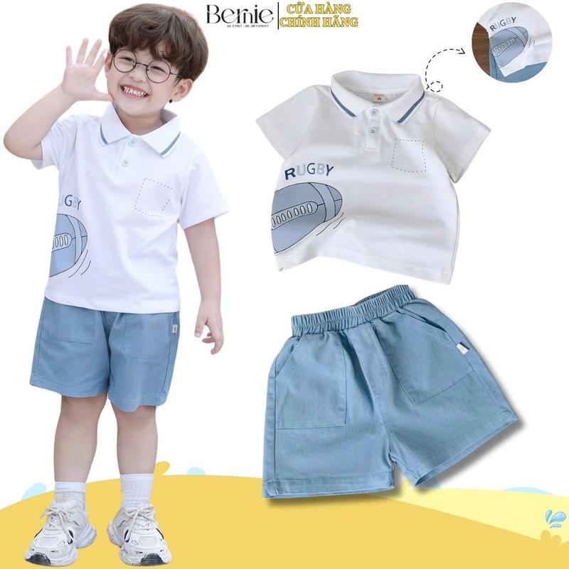 Set bộ polo tay ngắn bé trai áo polo họa tiết bóng bầu dục kèm quần short 9 đến 28kg BERNIE P1124B18