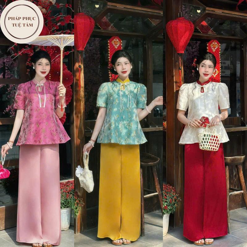 Set đồ gấm tacta cổ giọt lệ cách tân điệu đà, trẻ trung-  Top  Áo  Set  Nữ  đi chơi tết 2025 Women