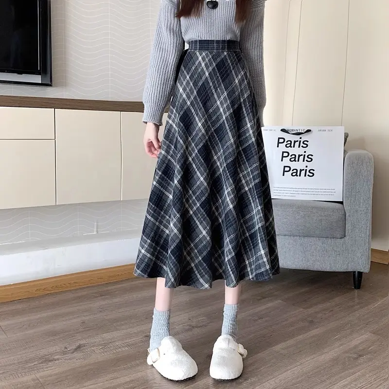 Retro college style skirt, women's autumn and winter new style, American high waisted woolen plaid umbrella skirt, mid length skirt