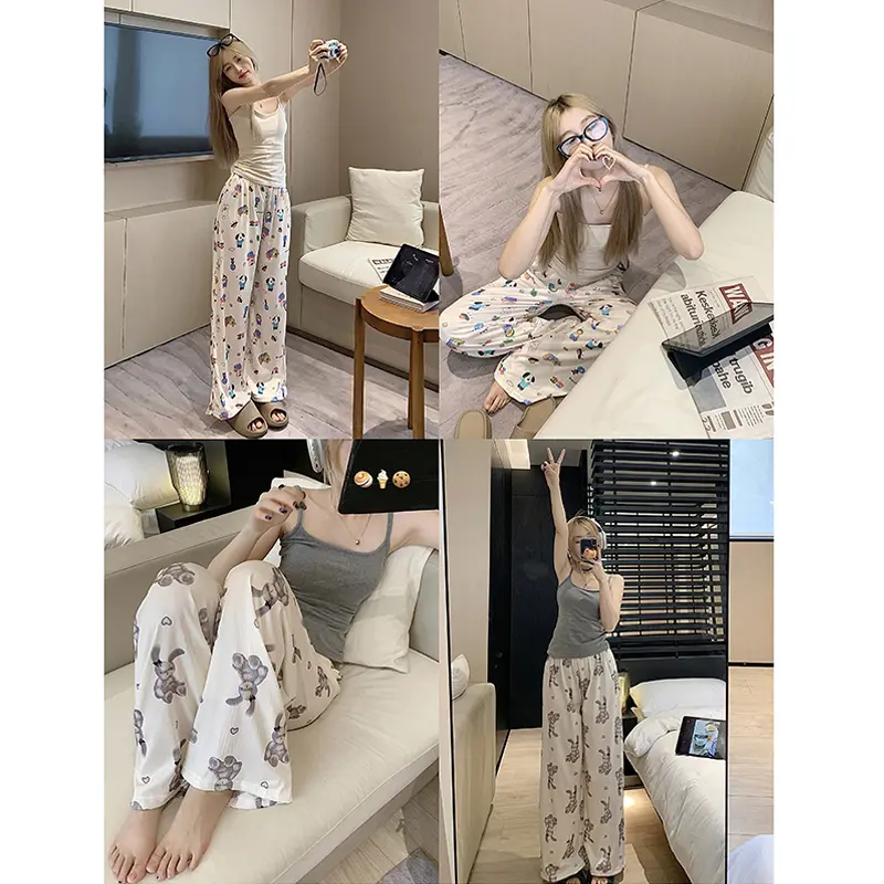 Pajamas Suits Cartoon Print Wide Leg Trousers Women's Summer Two-piece Set