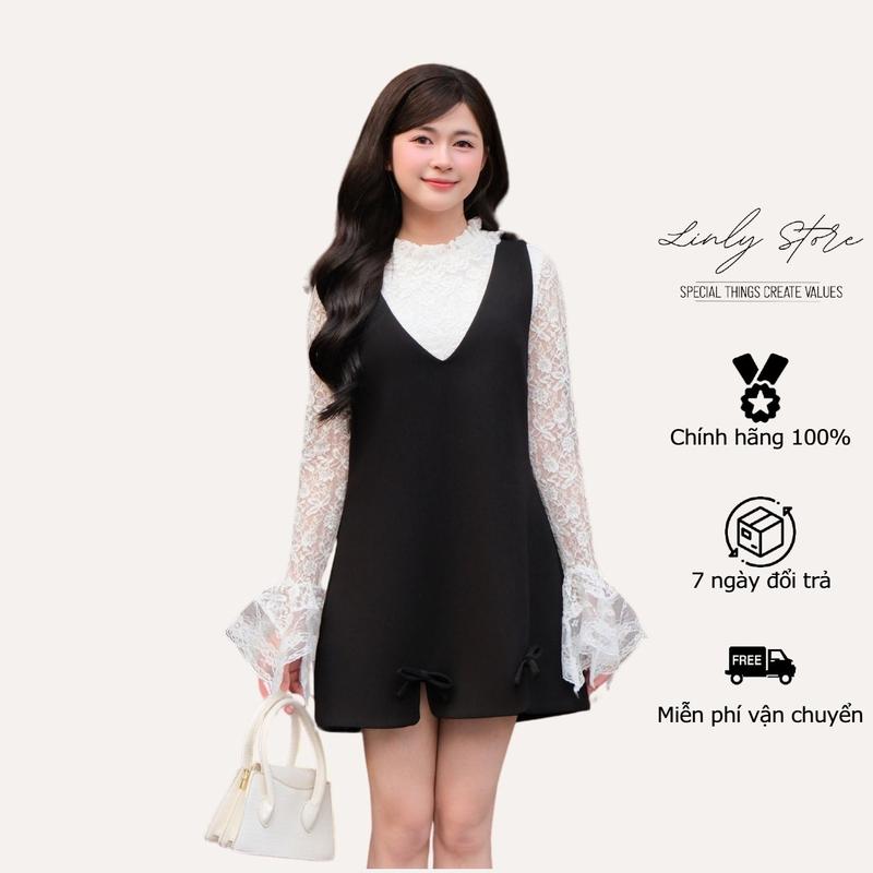 -- XH --Set váy yếm nữ dáng ngắn mix áo ren thiết kế tay bèo tiểu thư Linly store