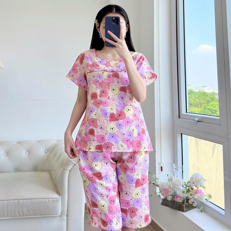 Bộ tole lanh quần lửng áo có tay phối bèo xinh xắn Nữ mặc nhà Women 5