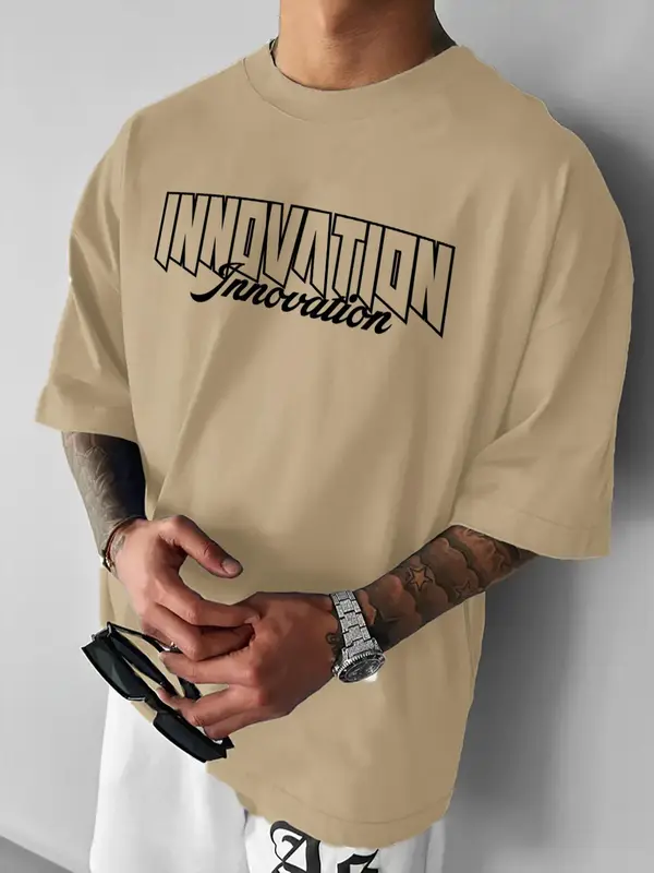 Men's Letter Print Tee, Loose Casual Fashion Round Neck Short Sleeve T-shirt for Summer, Men's Top for Daily Wear 4
