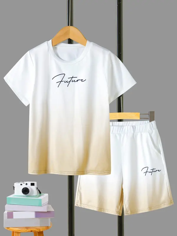 Boy's Ombre Letter Print Short Sleeve T-shirt Tee & Elastic Waist Shorts Set, Summer Outfits 2024, Summer Sets, Kids Clothing, Comfort Cozy Casual Summer Outfits Clothes for Kids, Festival Outfit 2024 4