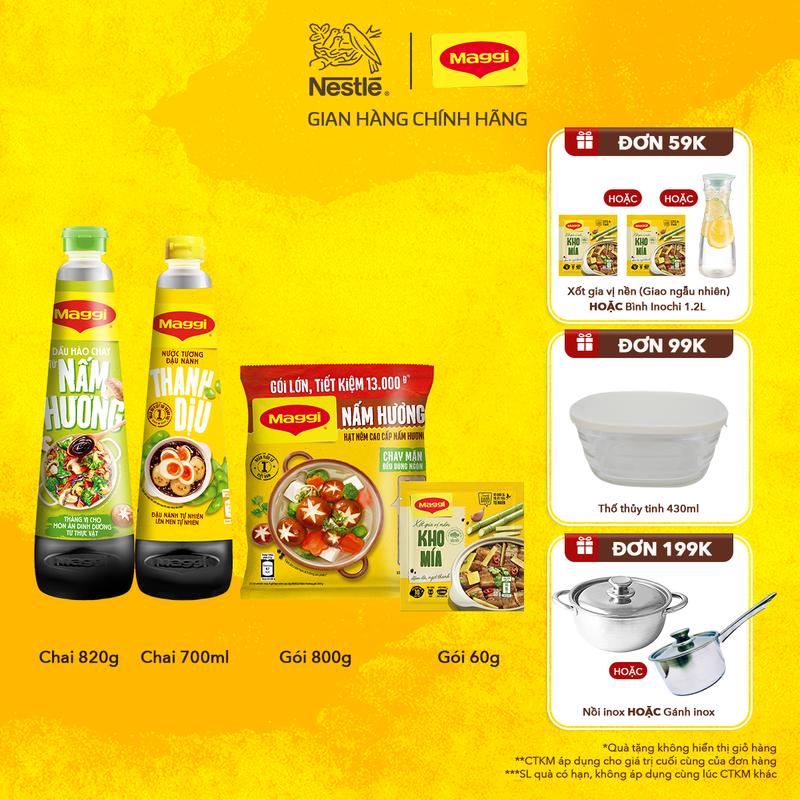 Nestlé VN Combo Gia Vị CHAY MAGGI Dầu Hào Nấm hương 820g + Hạt nêm cao cấp MAGGI Nấm Hương gói 800g + Nước tương MAGGI đậu nành Thanh Dịu 700ml + 1 gia vị nền xốt kho mía-ST