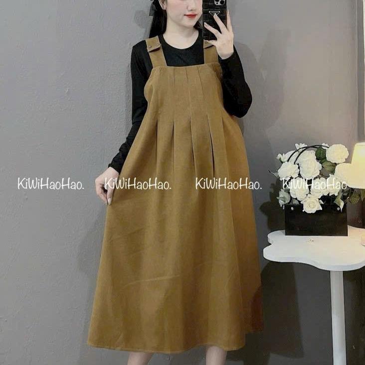 Yếm váy cho bầu dập ly dáng xuông dài qua gối(không có áo trong) ,chất tăm nhung mềm mịn nhiều màu Voi Váy Bầu