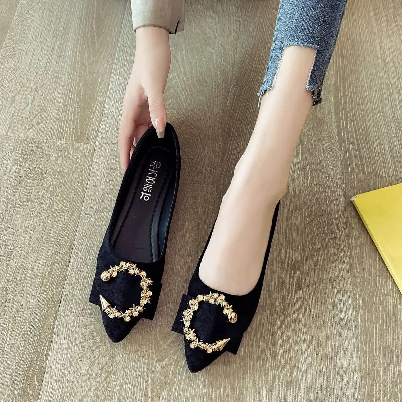 Giày Đế Bằng, Mũi Nhọn, Phong Cách Hàn Quốc Mới Nhất, Thích Hợp Cho Mùa Lò Xo Và Mùa Thu, Gót Bằng, Chất Liệu Da Lộn, Cắt Thấp, Gommino, Thời Trang Nữ, Giày Dễ Phối Đồ Shoes 0