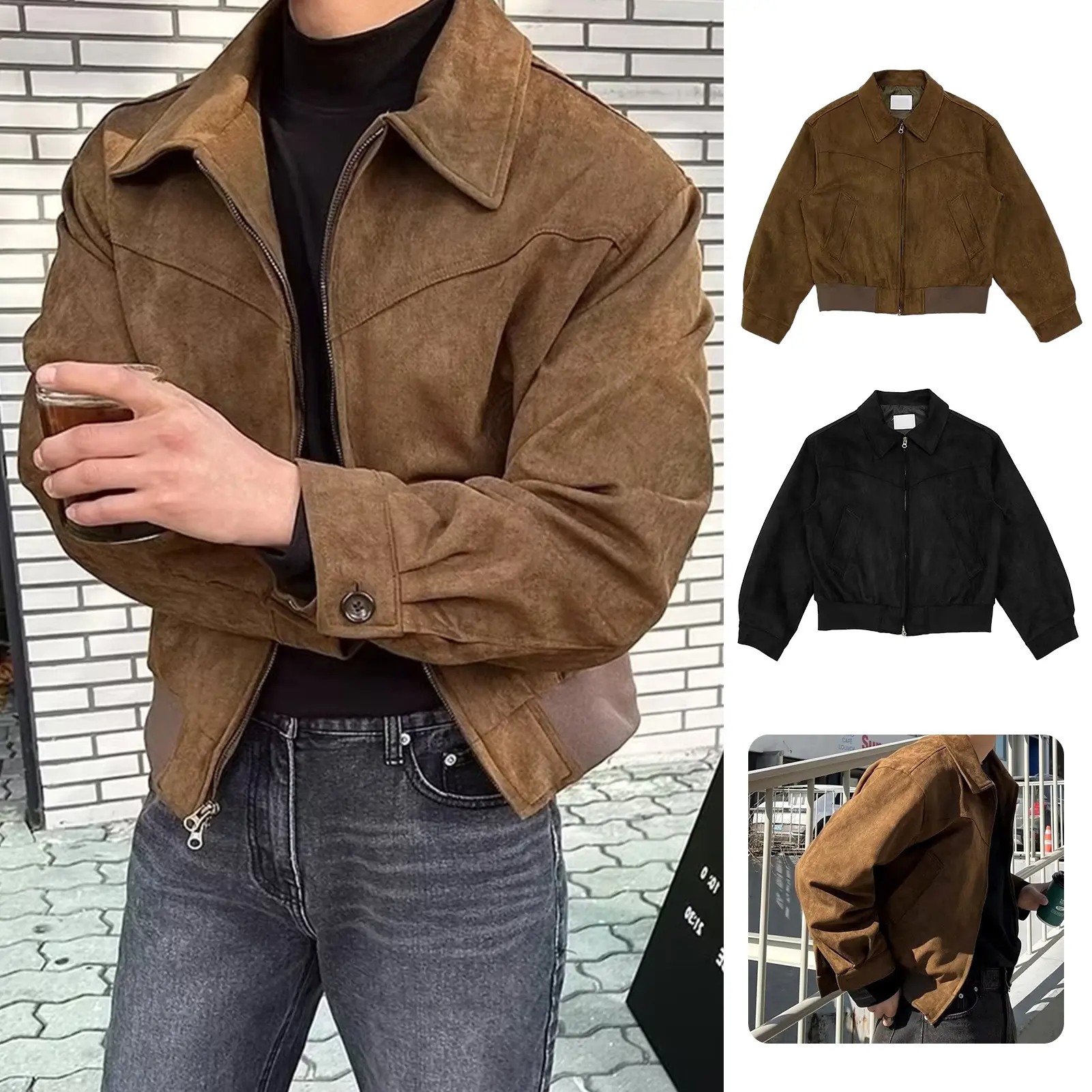Men Short Jacket Lapel Long Sleeve Zipper Closure Solid Color Design Coat with Side Pockets Short Style Outwear