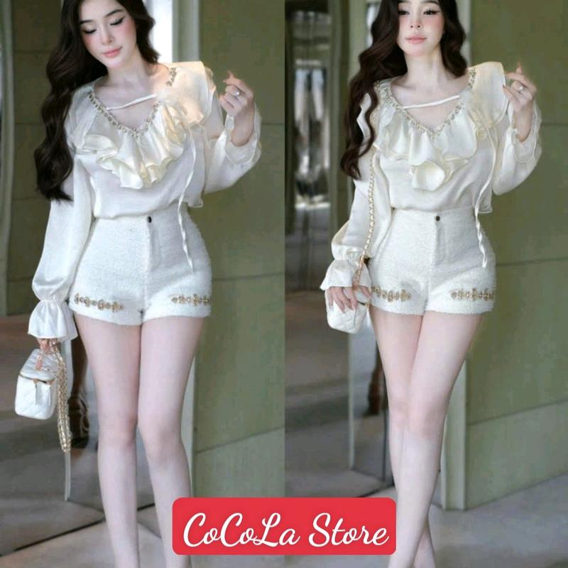 Sét Bộ Siêu Phẩm Áo Cổ Bèo Tiểu Thư Mix Quần Dạ Đính Đá Sang Chảnh cho Nữ - Women Voi Lịch Top